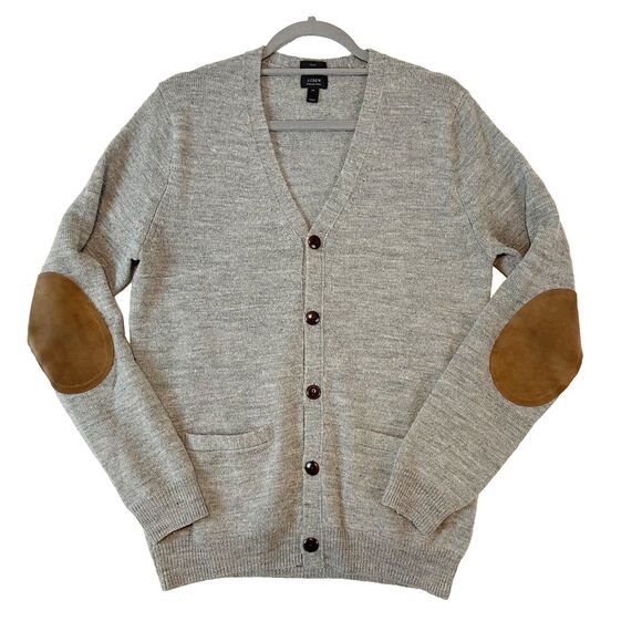 J Crew V-Neck Cardigan Sweater Mens S Gray Leather Elbow Patch Grandpa Mr Rogers - Picture 1 of 6